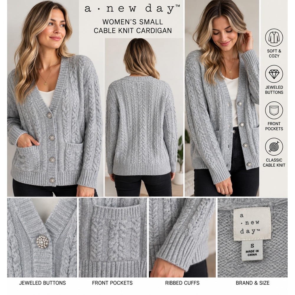 A New Day Women Gray Cable Knit Cardigan Jeweled Button Sweater Small